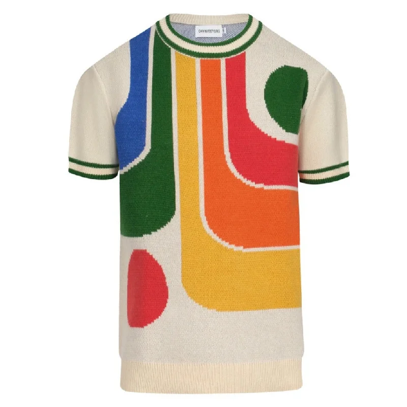 Men's Off White Knitted T-Shirt With Geometric Pattern Hip Men's Urban