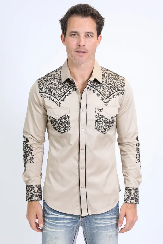 Mens Embroidery Modern Fit Stretch Beige Long Sleeve Shirt Sleek Men's Metallic