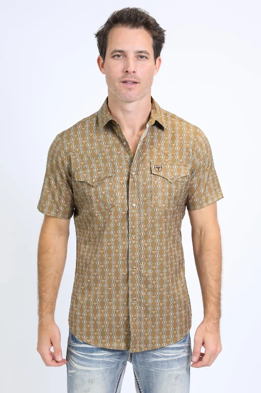 Mens Performance Western Short Sleeve Aztec Print Camel Shirt Preppy Men's College