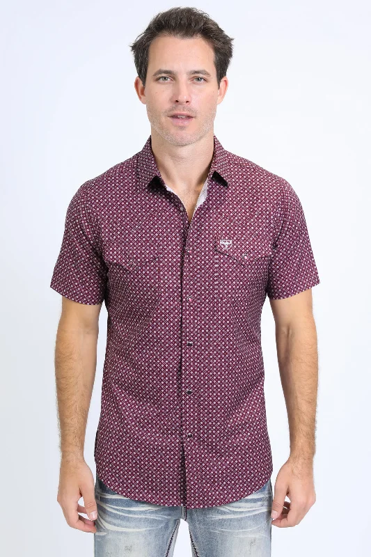 Mens Performance Western Short Sleeve Aztec Print Burgundy Shirt Earthy Men's Hemp